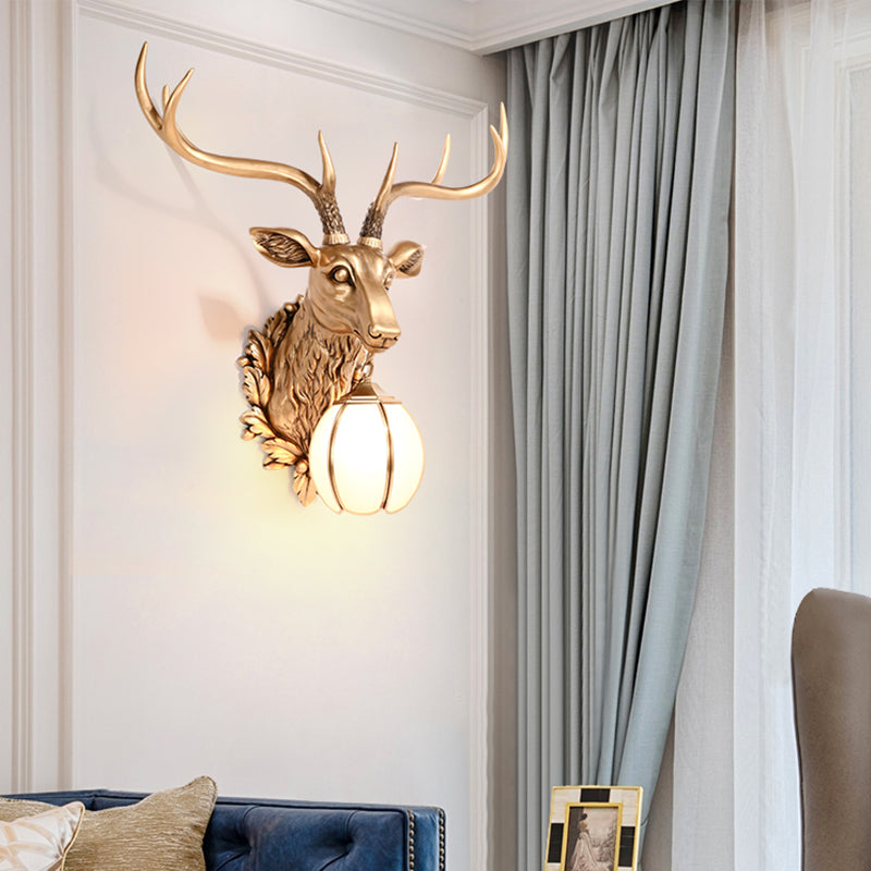 Gold Deer Head Shaped Sconce Light Country Resin 17"/25" W 1 Light Indoor Wall Mount Lighting Clearhalo 'Wall Lamps & Sconces' 'Wall Lights' Lighting' 232617