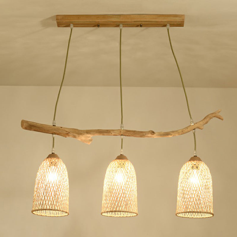 3-Bulb Lodge Style Wood Pendant Light with Bell Bamboo Shade for Taavita Island