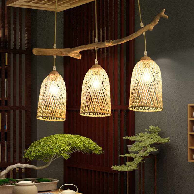 3-Bulb Lodge Style Wood Pendant Light with Bell Bamboo Shade for Taavita Island