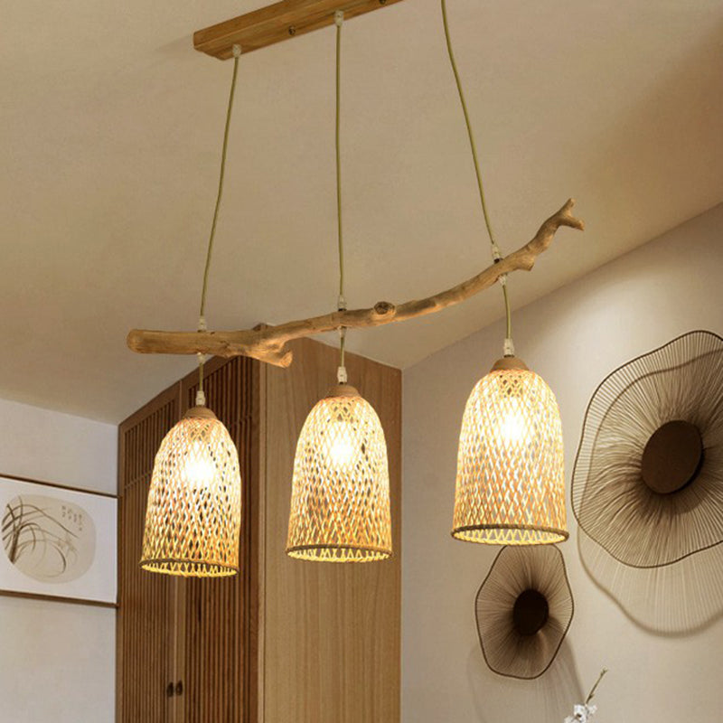 3-Bulb Lodge Style Wood Pendant Light with Bell Bamboo Shade for Taavita Island