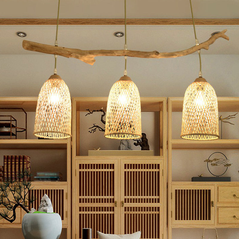 3-Bulb Lodge Style Wood Pendant Light with Bell Bamboo Shade for Taavita Island