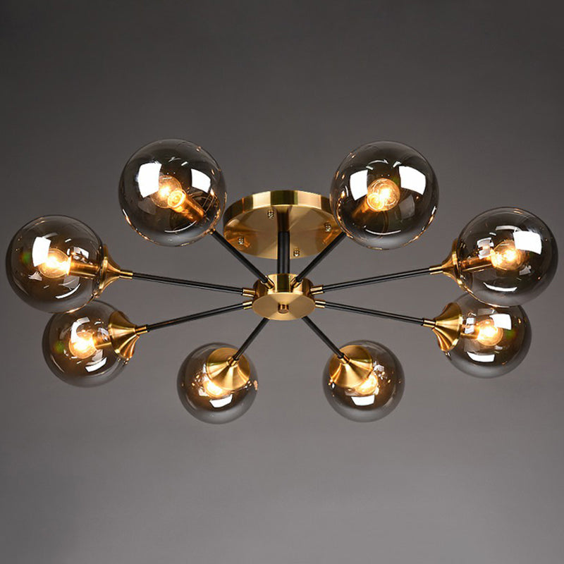 Black and Brass Radial Flush Mount Lighting Postmodern Metal Semi Flush Ceiling Light with Ball Glass Shade 8 Amber Clearhalo 'Ceiling Lights' 'Close To Ceiling Lights' 'Close to ceiling' 'Semi-flushmount' Lighting' 2354116