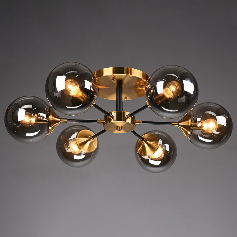 Black and Brass Radial Flush Mount Lighting Postmodern Metal Semi Flush Ceiling Light with Ball Glass Shade Clearhalo 'Ceiling Lights' 'Close To Ceiling Lights' 'Close to ceiling' 'Semi-flushmount' Lighting' 2354100