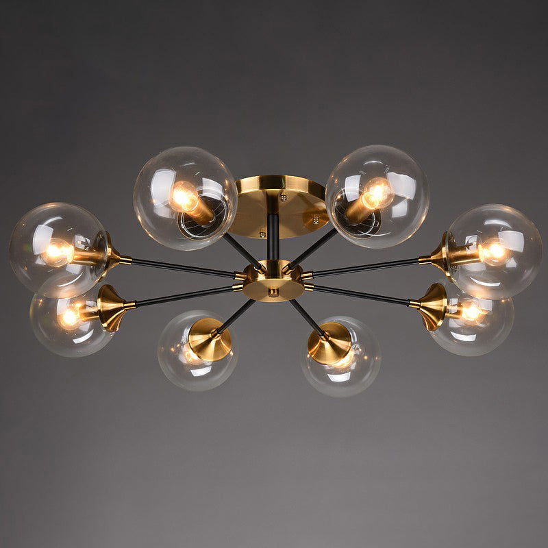 Black and Brass Radial Flush Mount Lighting Postmodern Metal Semi Flush Ceiling Light with Ball Glass Shade 10 Amber Clearhalo 'Ceiling Lights' 'Close To Ceiling Lights' 'Close to ceiling' 'Semi-flushmount' Lighting' 2354114