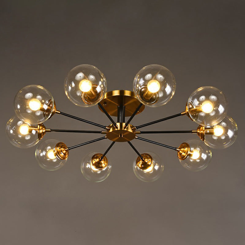 Black and Brass Radial Flush Mount Lighting Postmodern Metal Semi Flush Ceiling Light with Ball Glass Shade 3 Amber Clearhalo 'Ceiling Lights' 'Close To Ceiling Lights' 'Close to ceiling' 'Semi-flushmount' Lighting' 2354115