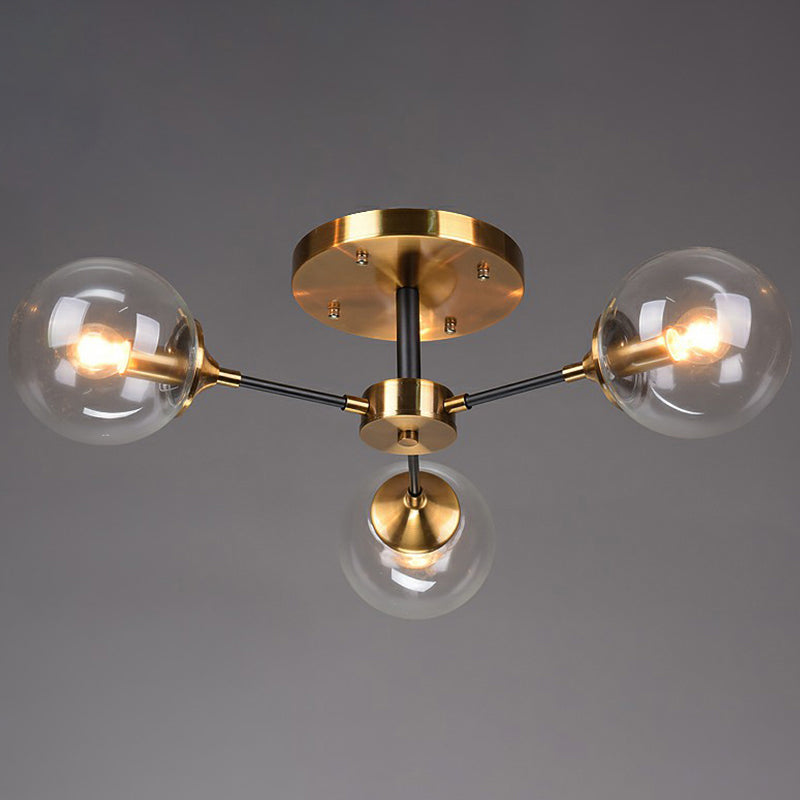 Black and Brass Radial Flush Mount Lighting Postmodern Metal Semi Flush Ceiling Light with Ball Glass Shade 8 Clear Clearhalo 'Ceiling Lights' 'Close To Ceiling Lights' 'Close to ceiling' 'Semi-flushmount' Lighting' 2354109