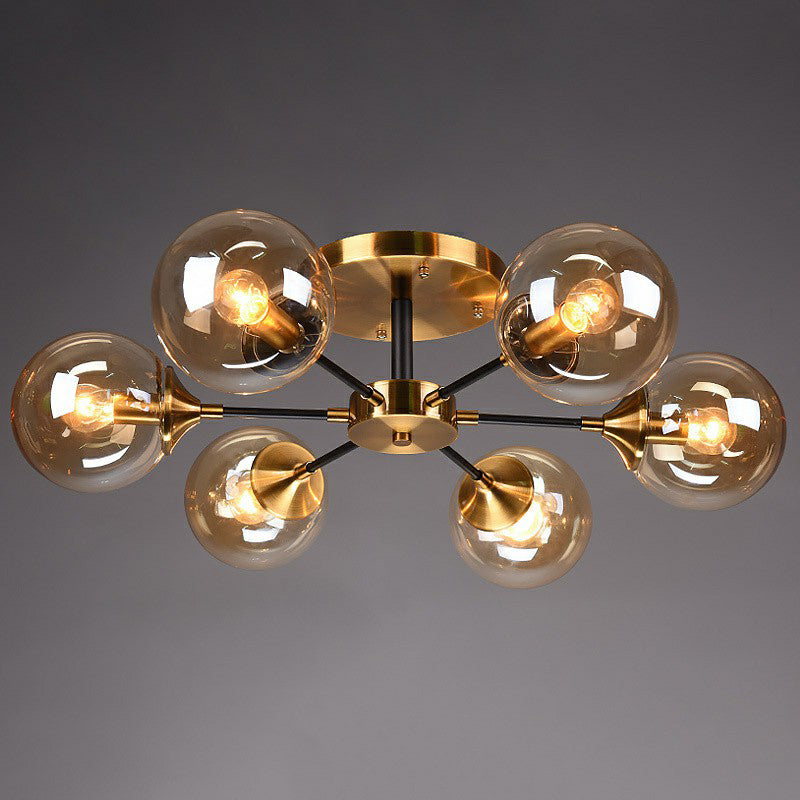 Black and Brass Radial Flush Mount Lighting Postmodern Metal Semi Flush Ceiling Light with Ball Glass Shade 10 Clear Clearhalo 'Ceiling Lights' 'Close To Ceiling Lights' 'Close to ceiling' 'Semi-flushmount' Lighting' 2354110