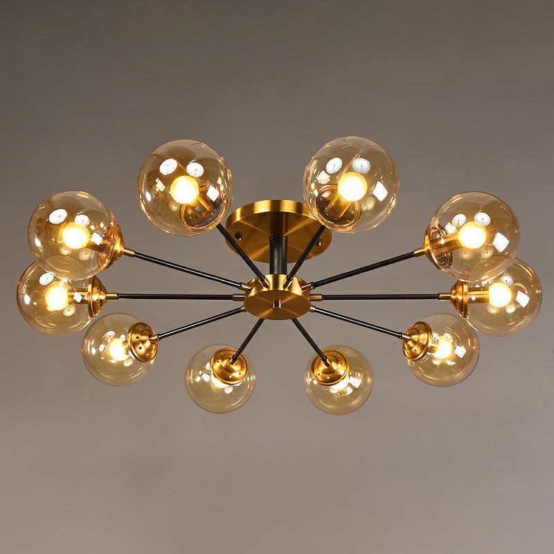 Black and Brass Radial Flush Mount Lighting Postmodern Metal Semi Flush Ceiling Light with Ball Glass Shade 3 Smoke Gray Clearhalo 'Ceiling Lights' 'Close To Ceiling Lights' 'Close to ceiling' 'Semi-flushmount' Lighting' 2354106