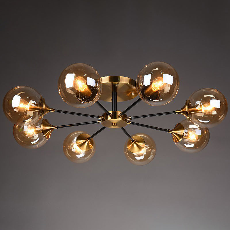 Black and Brass Radial Flush Mount Lighting Postmodern Metal Semi Flush Ceiling Light with Ball Glass Shade 8 Smoke Gray Clearhalo 'Ceiling Lights' 'Close To Ceiling Lights' 'Close to ceiling' 'Semi-flushmount' Lighting' 2354101