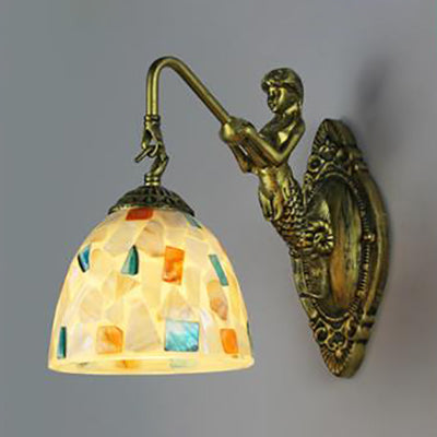 Shell Mosaic Wall Mounted Lamp Tiffany 1 Head Beige/Purple-Yellow/Blue-Yellow Sconce Light with Mermaid Backplate Clearhalo 'Industrial' 'Middle century wall lights' 'Tiffany wall lights' 'Tiffany' 'Wall Lamps & Sconces' 'Wall Lights' Lighting' 24598