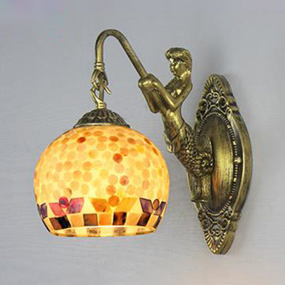 Shell Mosaic Wall Mounted Lamp Tiffany 1 Head Beige/Purple-Yellow/Blue-Yellow Sconce Light with Mermaid Backplate Clearhalo 'Industrial' 'Middle century wall lights' 'Tiffany wall lights' 'Tiffany' 'Wall Lamps & Sconces' 'Wall Lights' Lighting' 24602