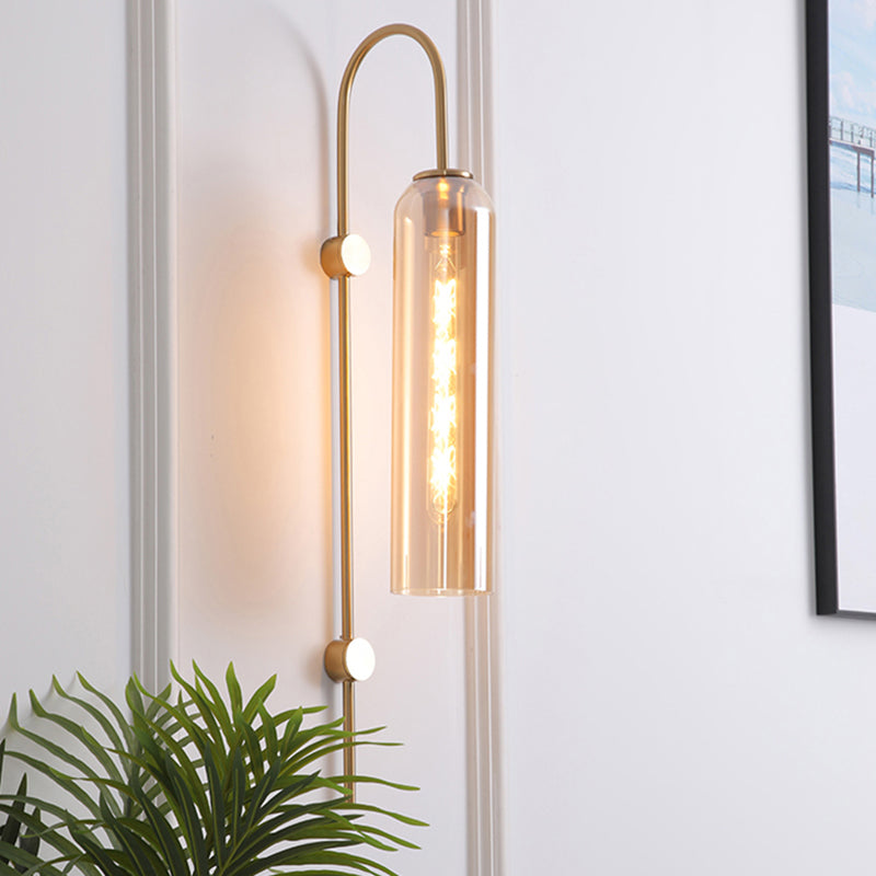 Mid-Century Gooseneck Wall Light Metal 1-Light Living Room Wall Sconce with Flute Glass Shade Clearhalo 'Cast Iron' 'Glass' 'Industrial' 'Modern wall lights' 'Modern' 'Tiffany' 'Traditional wall lights' 'Wall Lamps & Sconces' 'Wall Lights' Lighting' 2466079