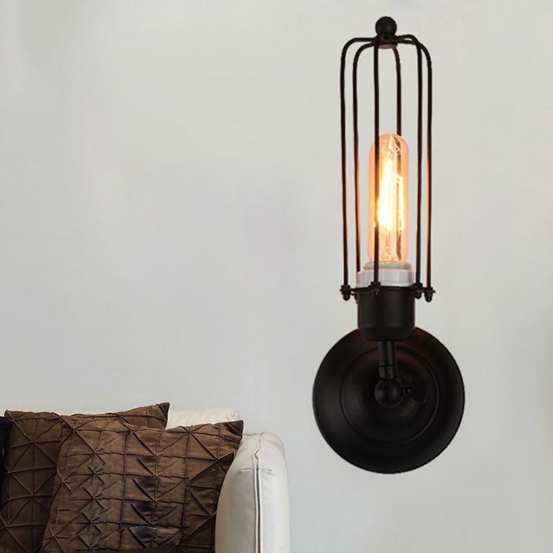 1/2-Bulb Linear Cage Light Industrial Black/Rust Metal Wall Lamp for Living Room by Taavita