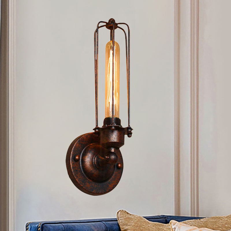 1/2-Bulb Linear Cage Sconce Lamp Industrial Black/Rust Metal Wall Light Fixture for Living Room 2.0 Black Clearhalo 'Art deco wall lights' 'Cast Iron' 'Glass' 'Industrial wall lights' 'Industrial' 'Middle century wall lights' 'Modern' 'Rustic wall lights' 'Tiffany' 'Traditional wall lights' 'Wall Lamps & Sconces' 'Wall Lights' Lighting' 248287