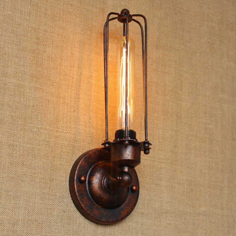 1/2-Bulb Linear Cage Light Industrial Black/Rust Metal Wall Lamp for Living Room by Taavita