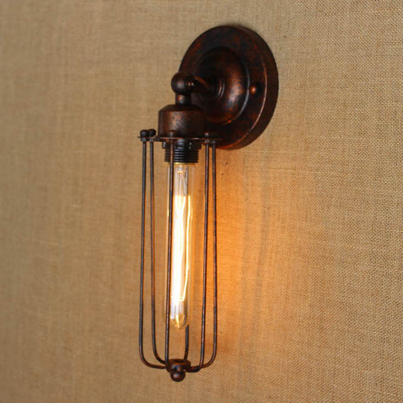 1/2-Bulb Linear Cage Light Industrial Black/Rust Metal Wall Lamp for Living Room by Taavita