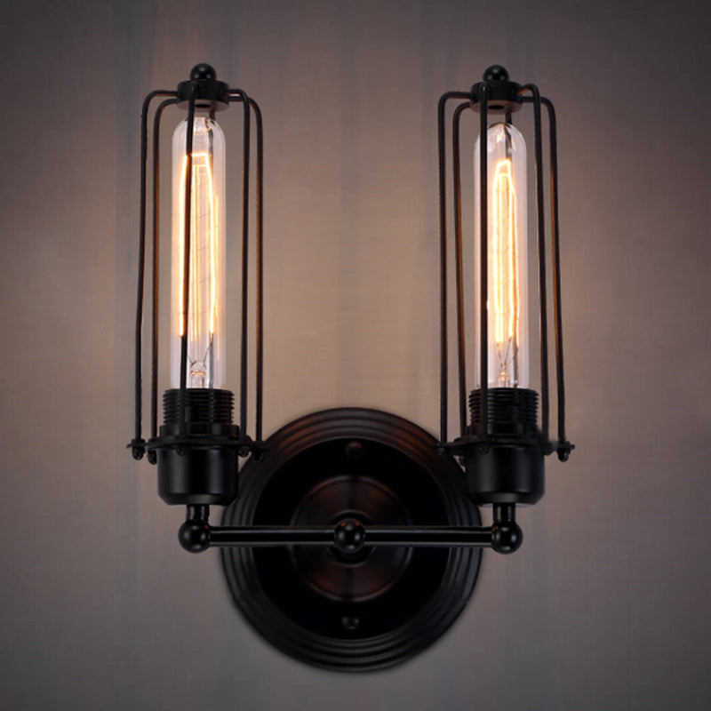 1/2-Bulb Linear Cage Light Industrial Black/Rust Metal Wall Lamp for Living Room by Taavita