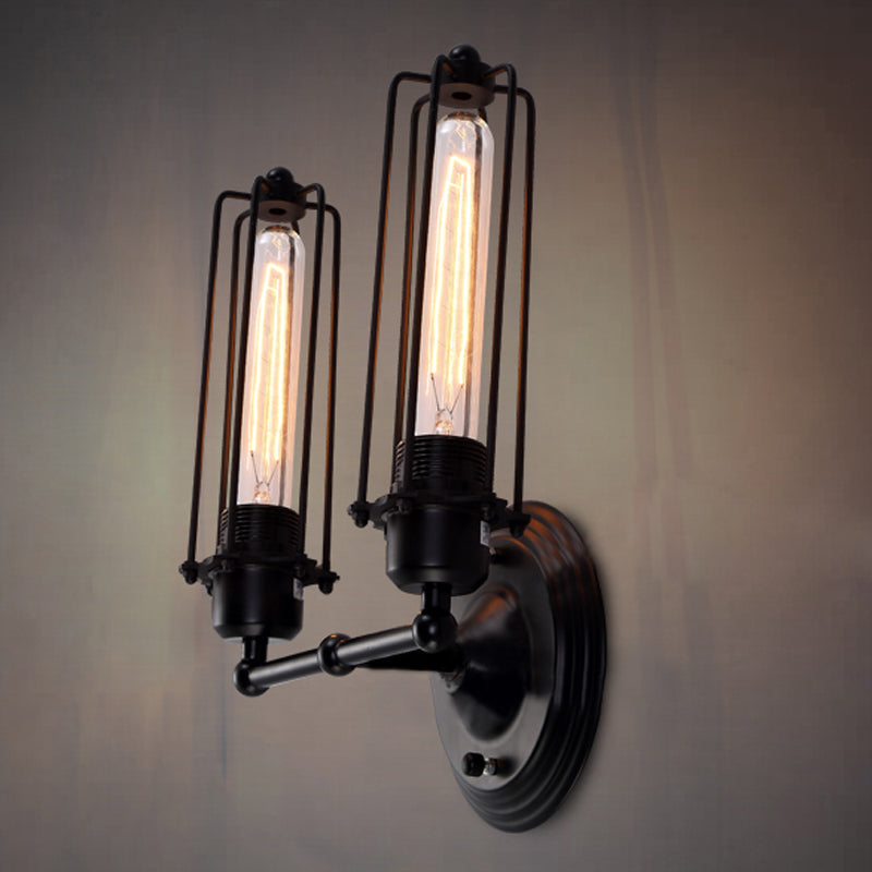 1/2-Bulb Linear Cage Light Industrial Black/Rust Metal Wall Lamp for Living Room by Taavita