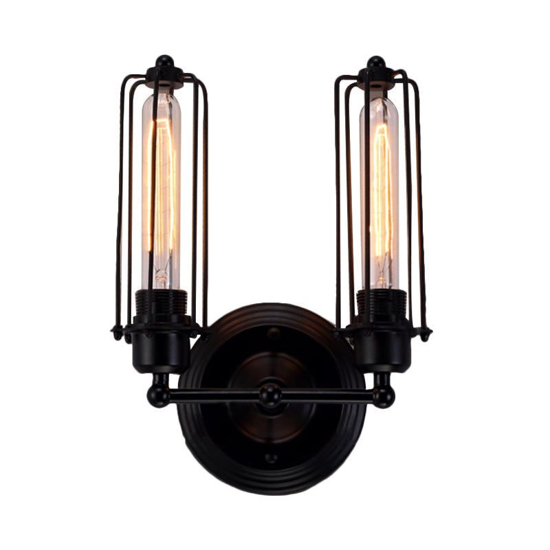 1/2-Bulb Linear Cage Light Industrial Black/Rust Metal Wall Lamp for Living Room by Taavita