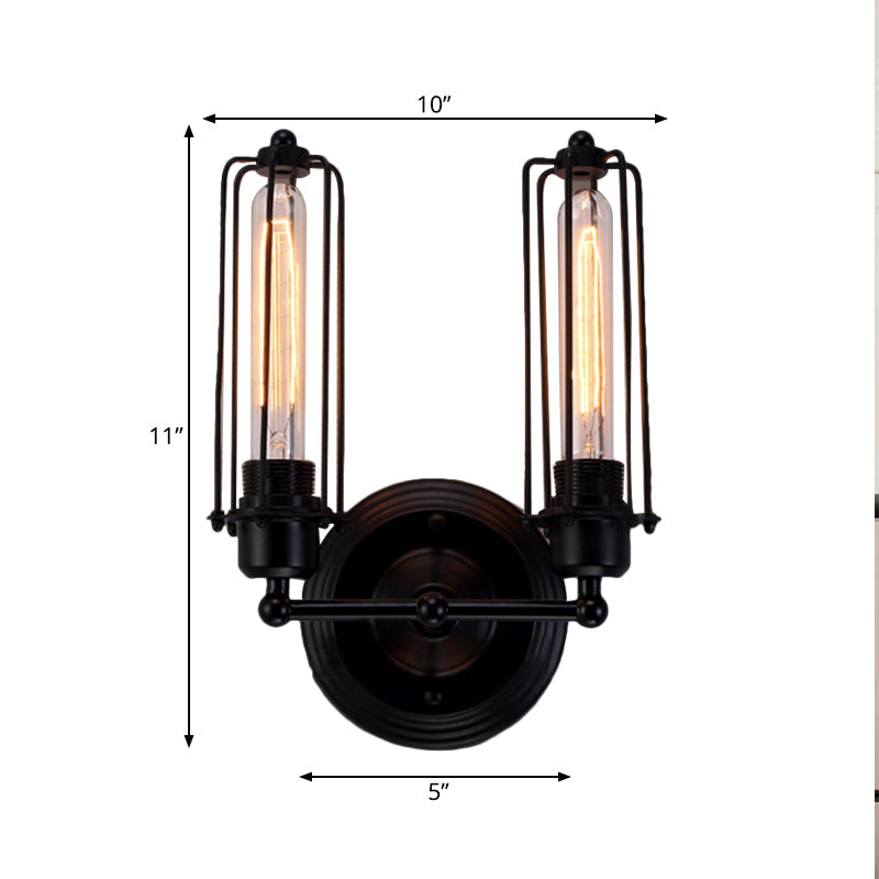 1/2-Bulb Industrial Black/Rust Metal Linear Cage Sconce Lamp Wall Light Fixture for Living Room by Taavita