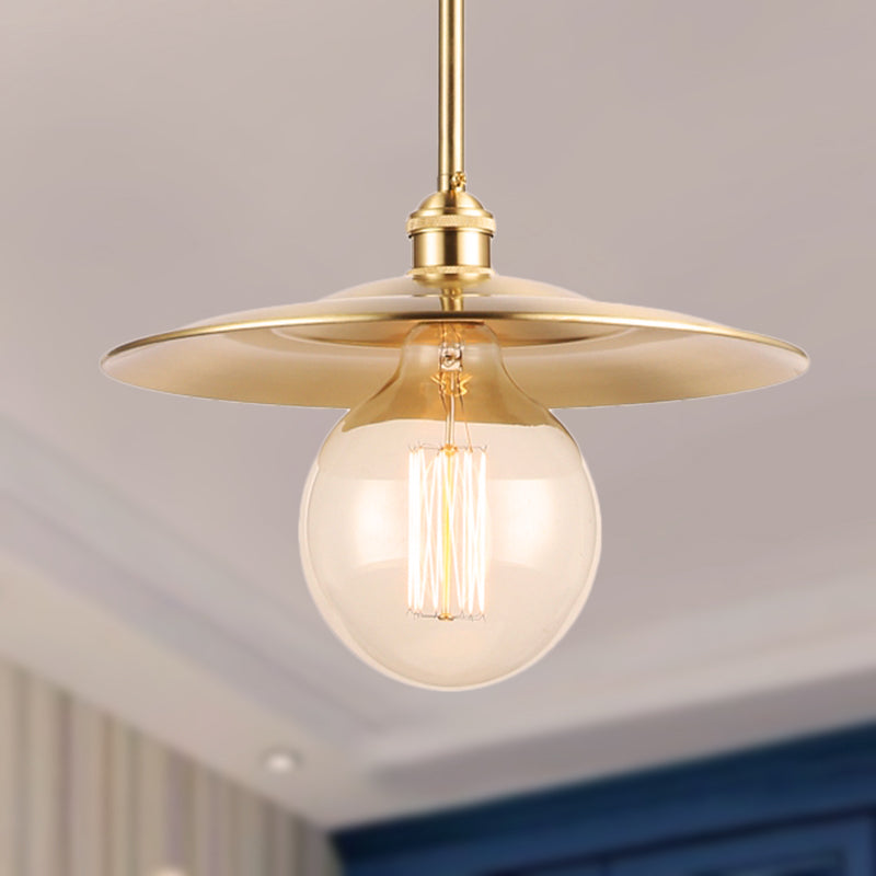 Taavita Flat Shade Ceiling Light 1 Bulb Metallic Pendant Lighting in Brass Finish over Table