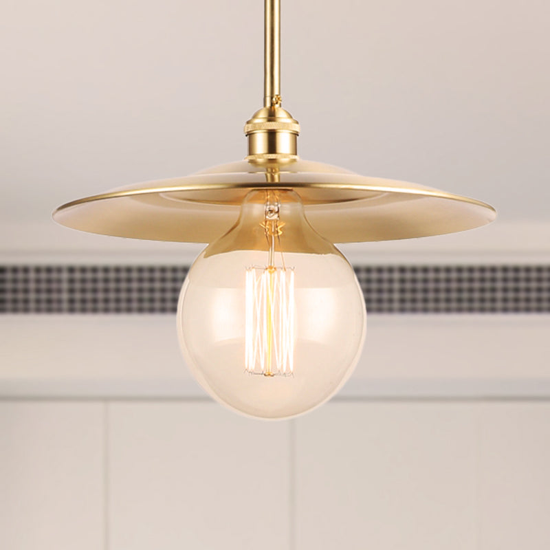 Mid Century Flat Shade Ceiling Fixture 1 Bulb Metallic Pendant Lighting in Brass Finish over Table Clearhalo 'Art Deco Pendants' 'Cast Iron' 'Ceiling Lights' 'Ceramic' 'Crystal' 'Industrial Pendants' 'Industrial' 'Metal' 'Middle Century Pendants' 'Pendant Lights' 'Pendants' 'Tiffany' Lighting' 248689