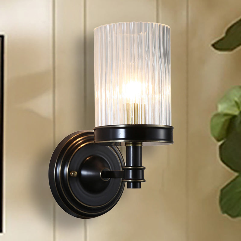 Cylinder Wall Lamp Vintage Stylish Clear Ribbed Glass 1 Bulb Black/Gold Finish Wall Sconce Fixture for Living Room Brass Clearhalo 'Modern wall lights' 'Modern' 'Wall Lamps & Sconces' 'Wall Lights' Lighting' 250407