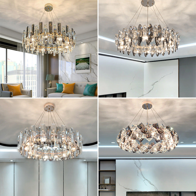 Taavita Modernist Drum Pendant Ceiling Light with Smoke Grey Crystal – Living Room Chandelier Lamp