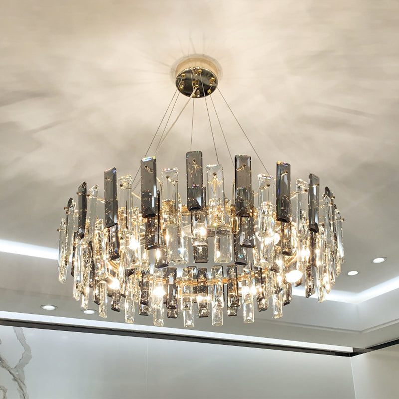 Drum Pendant Ceiling Light Modernist Smoke Grey Crystal Living Room Chandelier Lamp Clearhalo 'Ceiling Lights' 'Chandeliers' 'Modern Chandeliers' 'Modern' Lighting' 2546922