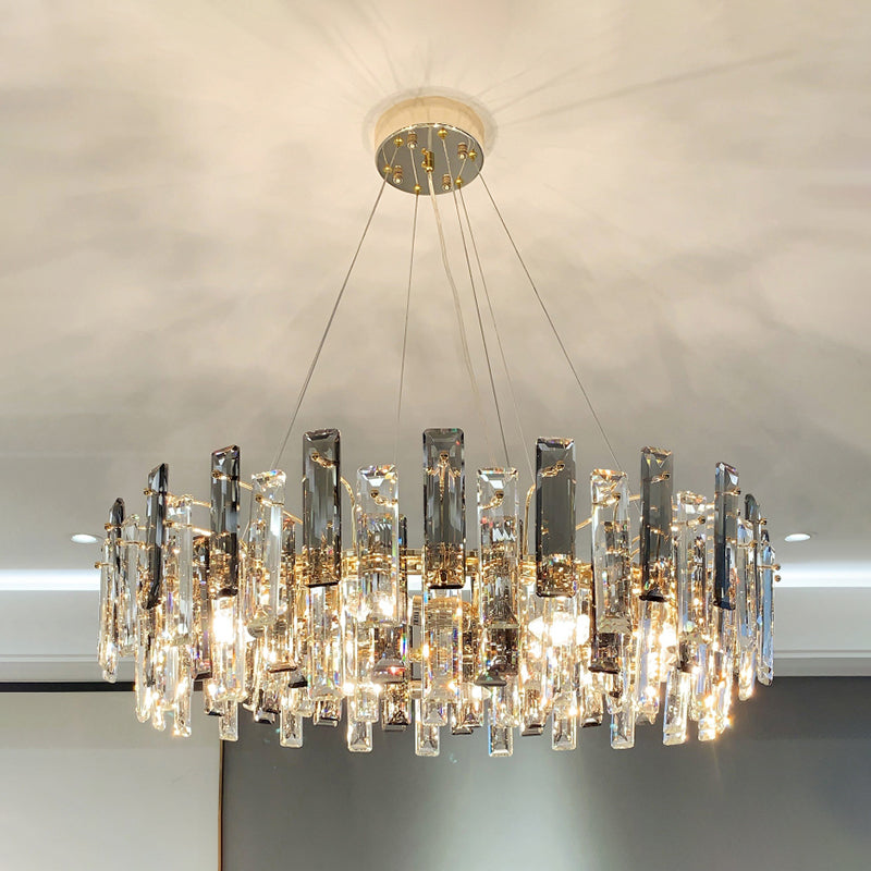 Drum Pendant Ceiling Light Modernist Smoke Grey Crystal Living Room Chandelier Lamp Smoke Gray 39.5" Rectangle Clearhalo 'Ceiling Lights' 'Chandeliers' 'Modern Chandeliers' 'Modern' Lighting' 2546910