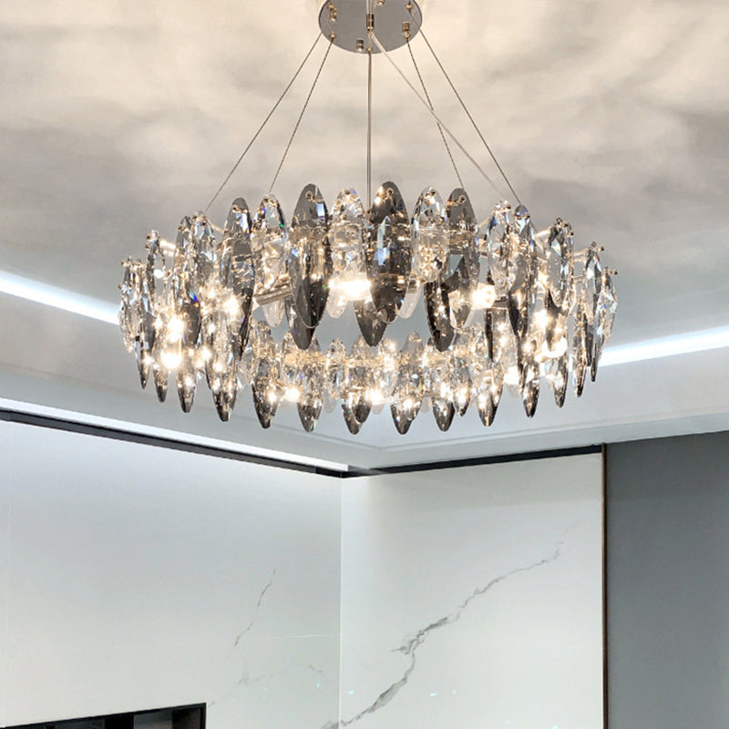 Taavita Modernist Drum Pendant Ceiling Light with Smoke Grey Crystal – Living Room Chandelier Lamp