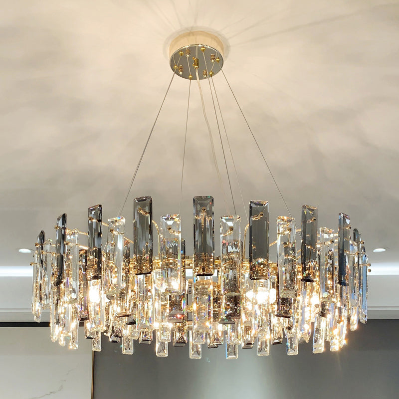 Drum Pendant Ceiling Light Modernist Smoke Grey Crystal Living Room Chandelier Lamp Clearhalo 'Ceiling Lights' 'Chandeliers' 'Modern Chandeliers' 'Modern' Lighting' 2546949