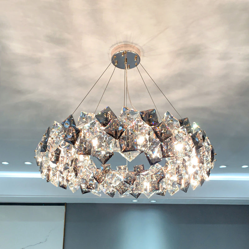 Drum Pendant Ceiling Light Modernist Smoke Grey Crystal Living Room Chandelier Lamp Smoke Gray 31.5" Maple Leaf Clearhalo 'Ceiling Lights' 'Chandeliers' 'Modern Chandeliers' 'Modern' Lighting' 2546931