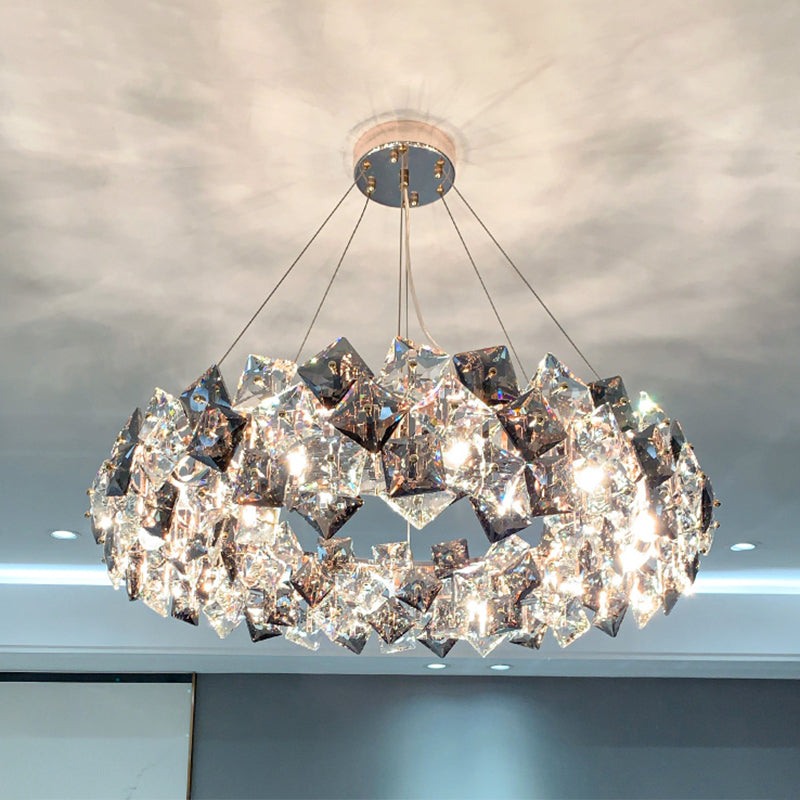 Drum Pendant Ceiling Light Modernist Smoke Grey Crystal Living Room Chandelier Lamp Clearhalo 'Ceiling Lights' 'Chandeliers' 'Modern Chandeliers' 'Modern' Lighting' 2546925