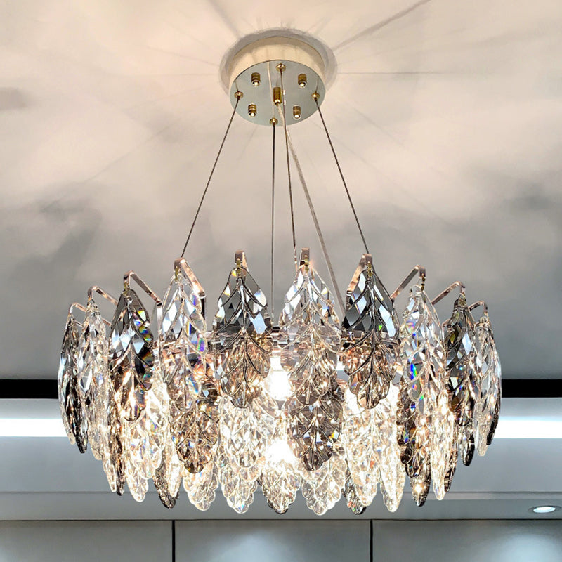 Drum Pendant Ceiling Light Modernist Smoke Grey Crystal Living Room Chandelier Lamp Smoke Gray 23.5" Maple Leaf Clearhalo 'Ceiling Lights' 'Chandeliers' 'Modern Chandeliers' 'Modern' Lighting' 2546929