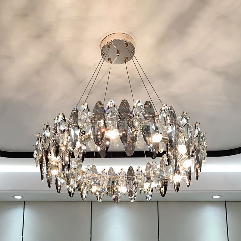 Drum Pendant Ceiling Light Modernist Smoke Grey Crystal Living Room Chandelier Lamp Smoke Gray 23.5" Leaf Clearhalo 'Ceiling Lights' 'Chandeliers' 'Modern Chandeliers' 'Modern' Lighting' 2546916