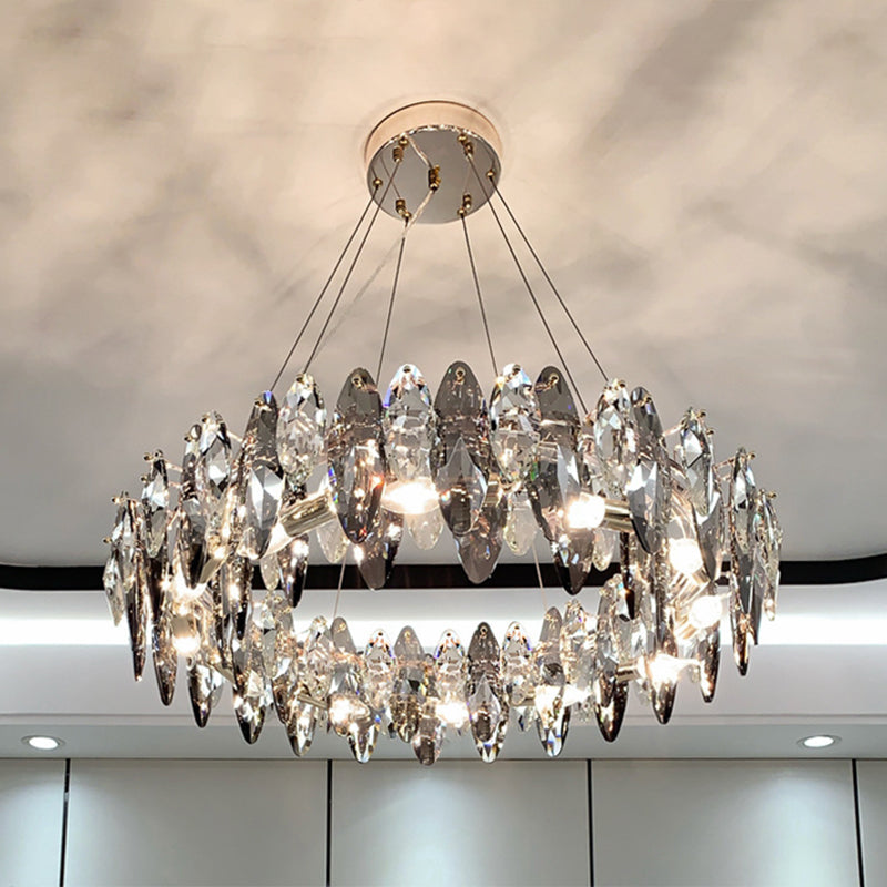 Drum Pendant Ceiling Light Modernist Smoke Grey Crystal Living Room Chandelier Lamp Clearhalo 'Ceiling Lights' 'Chandeliers' 'Modern Chandeliers' 'Modern' Lighting' 2546948