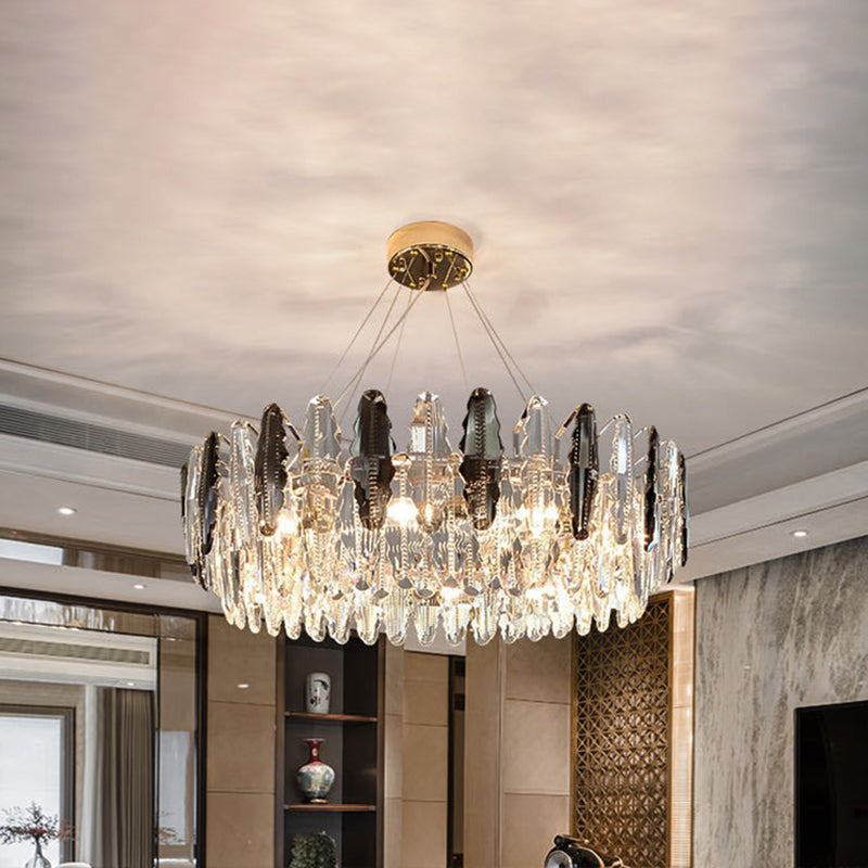 Drum Pendant Ceiling Light Modernist Smoke Grey Crystal Living Room Chandelier Lamp Smoke Gray 23.5" Prismatic Clearhalo 'Ceiling Lights' 'Chandeliers' 'Modern Chandeliers' 'Modern' Lighting' 2546934