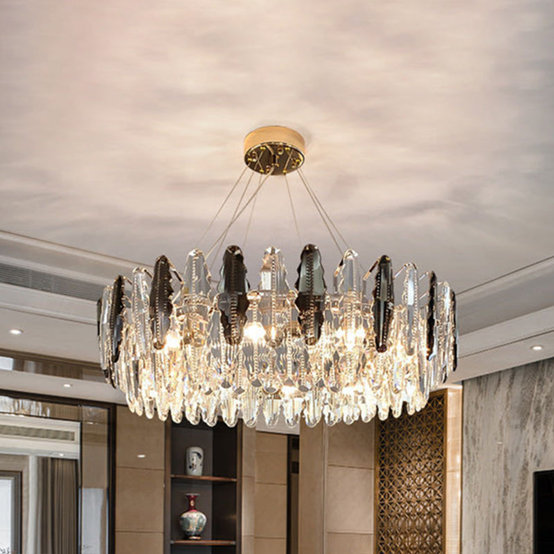 Drum Pendant Ceiling Light Modernist Smoke Grey Crystal Living Room Chandelier Lamp Clearhalo 'Ceiling Lights' 'Chandeliers' 'Modern Chandeliers' 'Modern' Lighting' 2546906