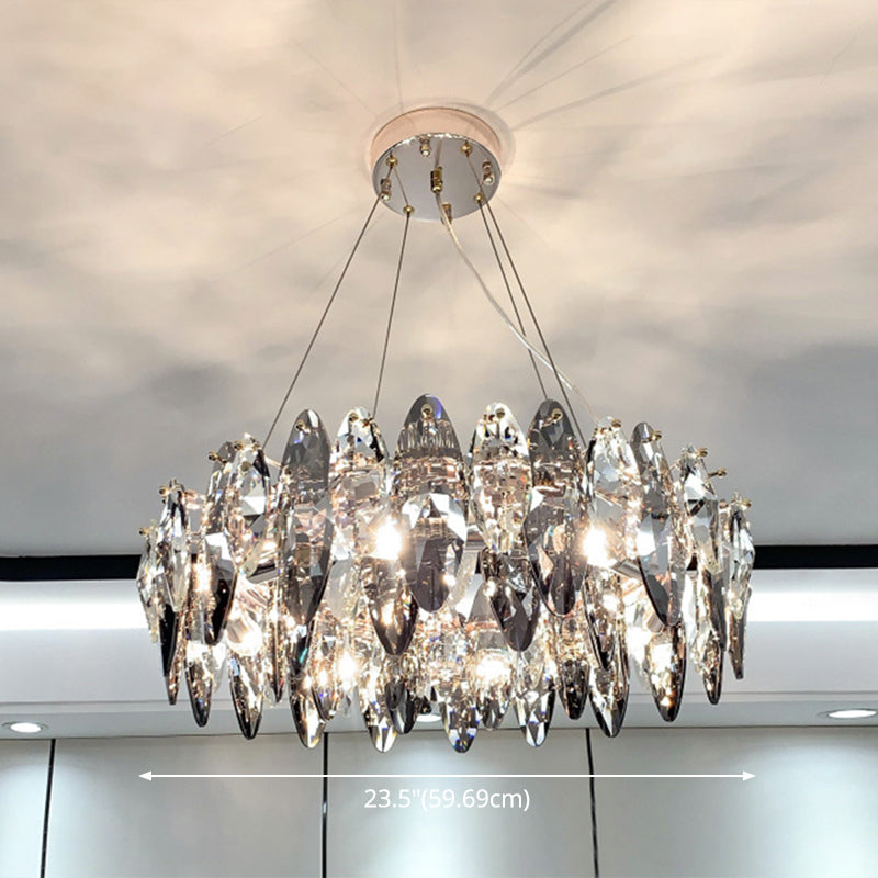 Taavita Modernist Drum Pendant Ceiling Light with Smoke Grey Crystal – Living Room Chandelier Lamp