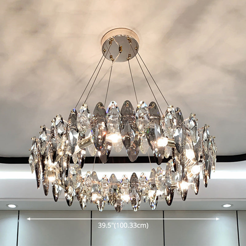 Taavita Modernist Drum Pendant Ceiling Light with Smoke Grey Crystal – Living Room Chandelier Lamp