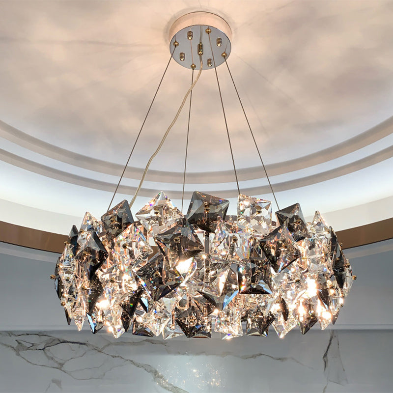 Taavita Modernist Drum Pendant Ceiling Light with Smoke Grey Crystal – Living Room Chandelier Lamp