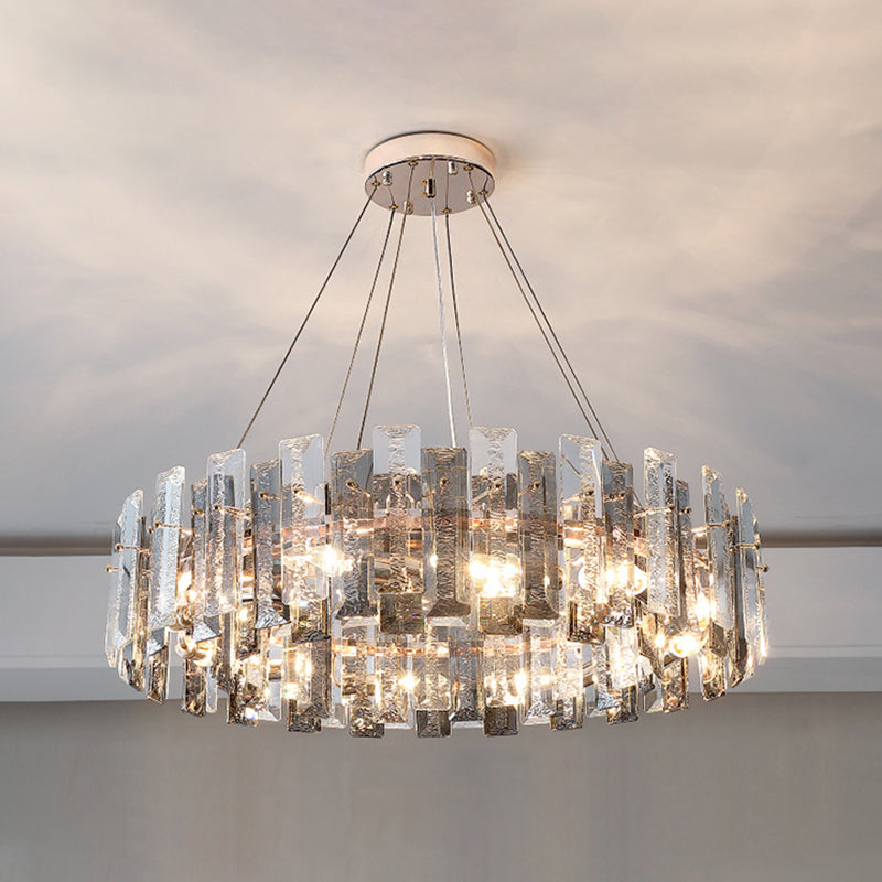 Drum Pendant Ceiling Light Modernist Smoke Grey Crystal Living Room Chandelier Lamp Smoke Gray 31.5" Leaf Clearhalo 'Ceiling Lights' 'Chandeliers' 'Modern Chandeliers' 'Modern' Lighting' 2546917