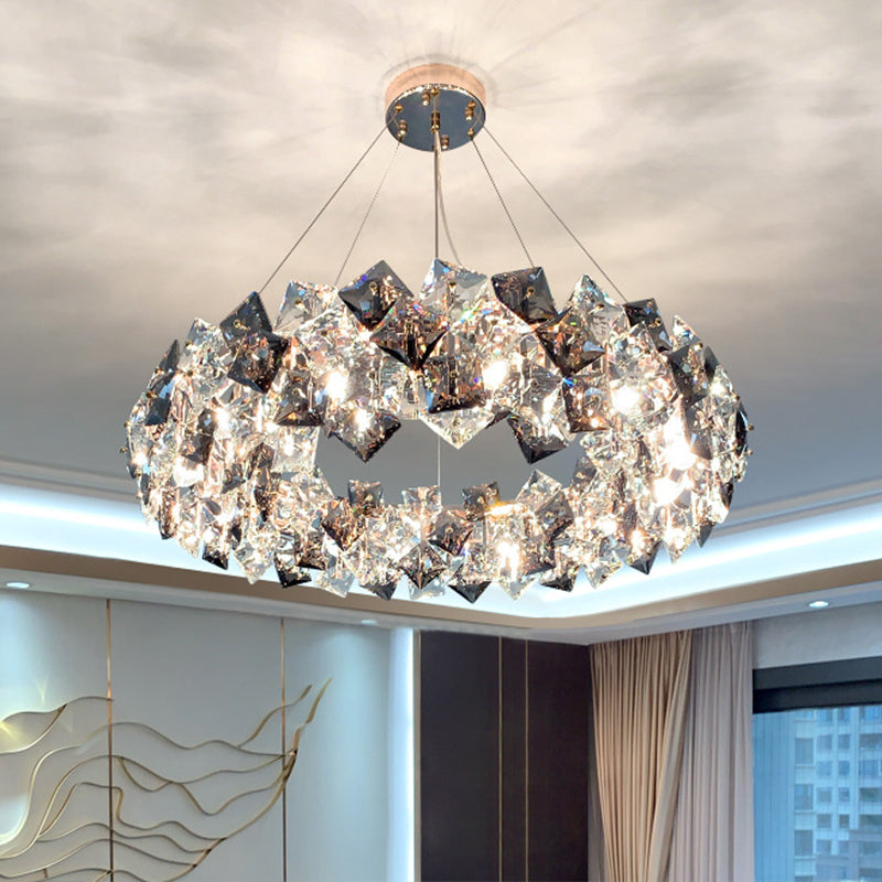 Taavita Modernist Drum Pendant Ceiling Light with Smoke Grey Crystal – Living Room Chandelier Lamp