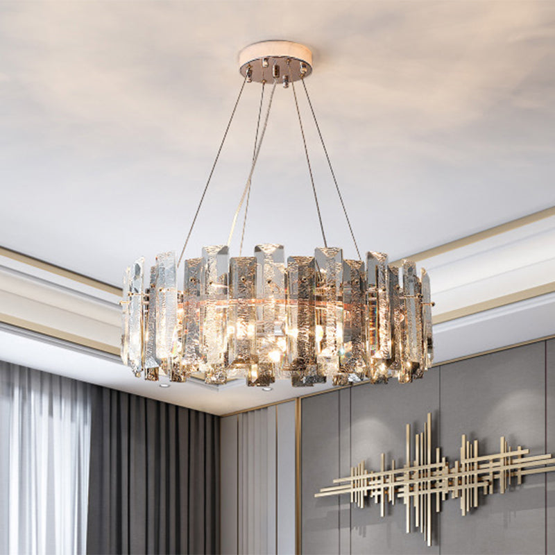 Taavita Modernist Drum Pendant Ceiling Light with Smoke Grey Crystal – Living Room Chandelier Lamp