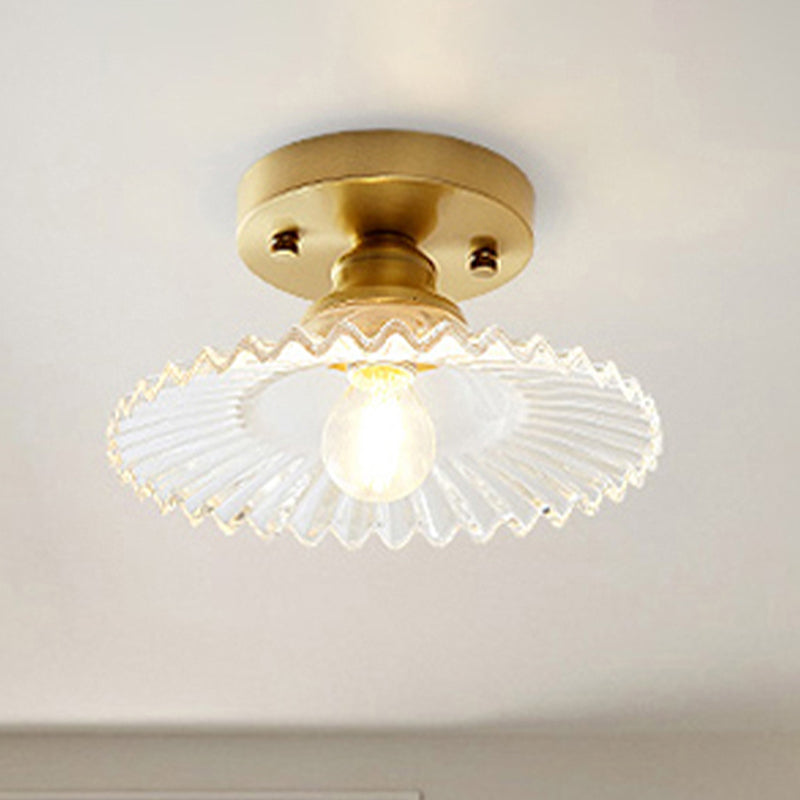 1 Light Flared Semi Flush Light Industrial Clear/Green Ribbed Glass Ceiling Mount for Living Room Clearhalo 'Ceiling Lights' 'Close To Ceiling Lights' 'Close to ceiling' 'Flush mount' Lighting' 255457