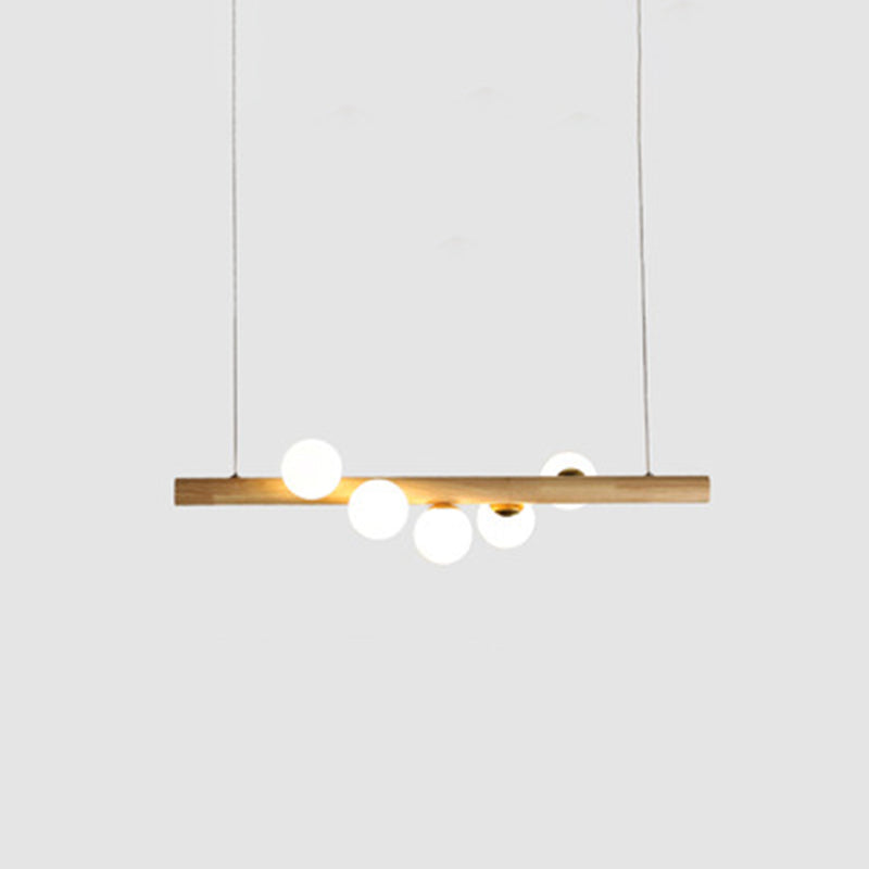 Taavita Linear Wood Island Pendant Light with Globe Shape Glass Shade in Beige for Dining Room