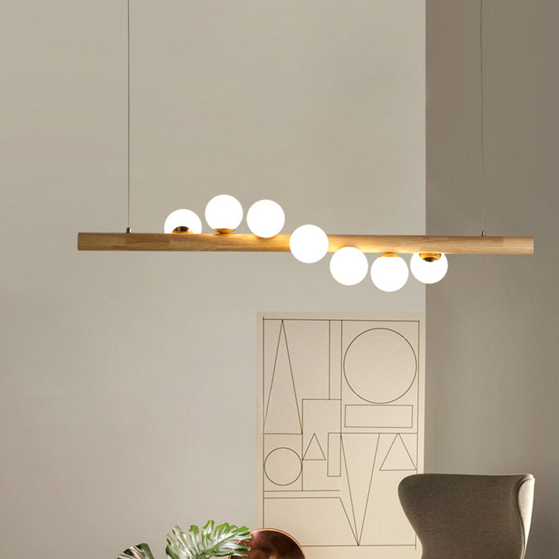 Taavita Linear Wood Island Pendant with Globe Shade Glass Island Light in Beige for Dining Room