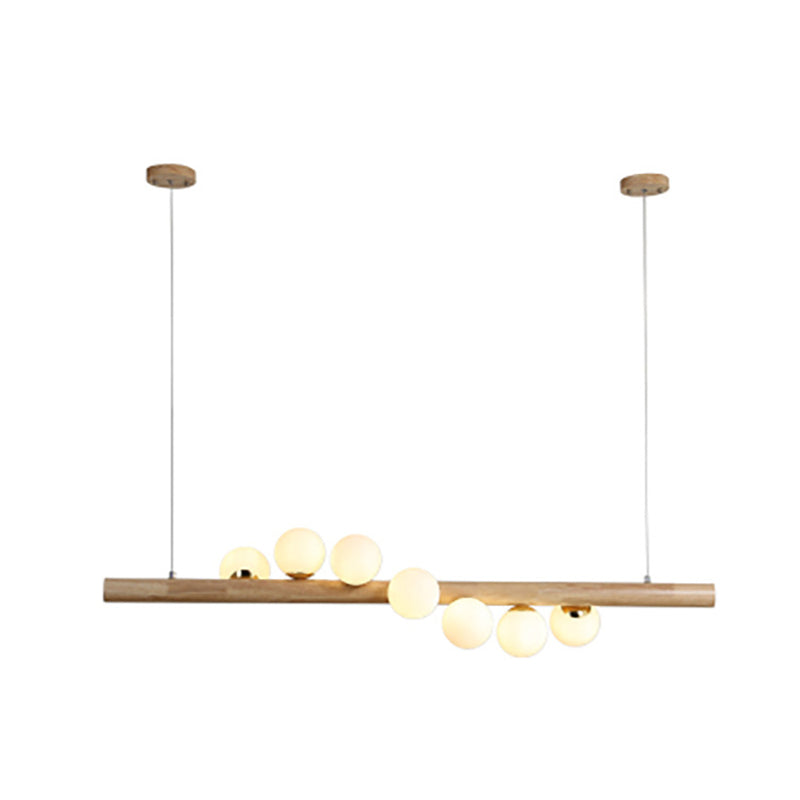 Taavita Linear Wood Island Pendant Light with Globe Shape Glass Shade in Beige for Dining Room