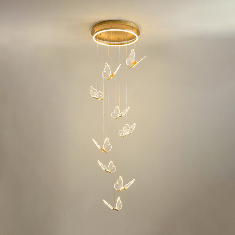 Butterfly Spiral Stairs Ceiling Lighting Acrylic Modern LED Multi-Light Pendant in Gold Clearhalo 'Ceiling Lights' 'Modern Pendants' 'Modern' 'Pendant Lights' 'Pendants' Lighting' 2592873